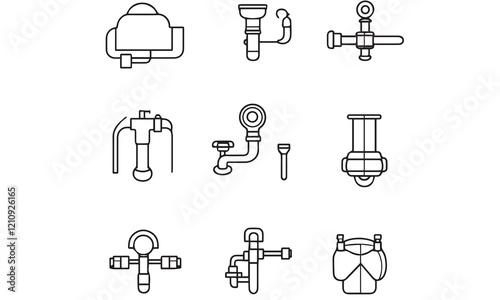 Set line icons of plumbing black vector white background