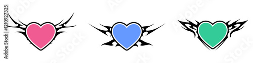 Heart Shape with Neo tribal y2k gothic style tattoo Cyber sigilism spikes and sparks for streetwear print designs, spiky y2k aesthetic vector set