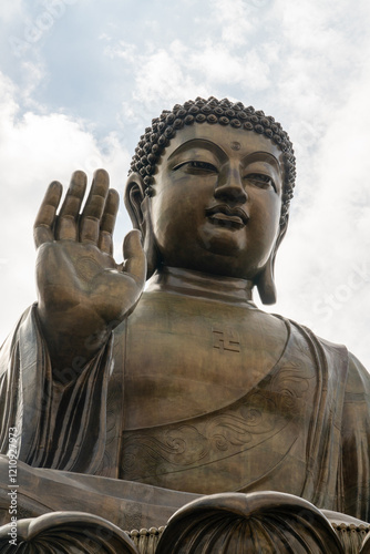 Close up view of the head of the Tian Tan Buddha statue in Hong Kong