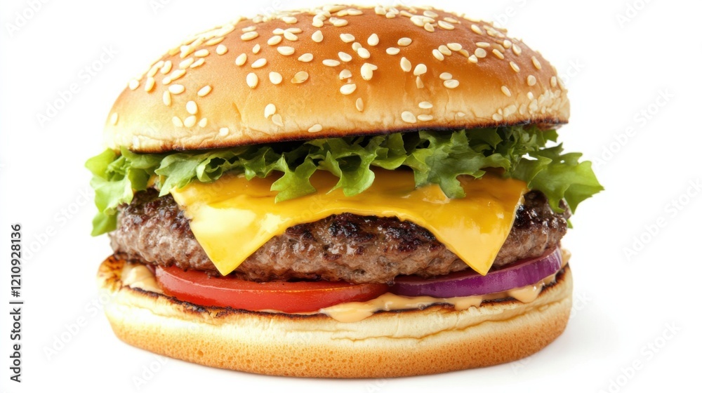 A perfectly cooked cheeseburger with a sesame seed bun, melted cheese, and fresh toppings A perfectly cooked cheeseburger with a sesame seed bun, melted cheese, and fresh toppings