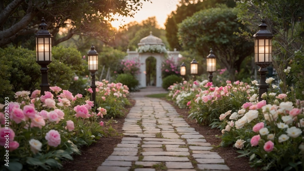 A path through a garden filled with pink and white flowers, lit by small lanterns hanging from the trees 