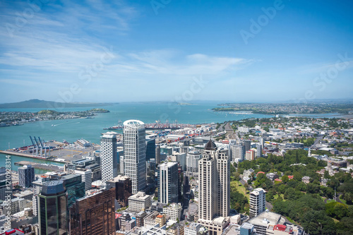 View of Waitemata Harbour Auckland Harbour showing the surrounding buildings and views out to the ocean photo