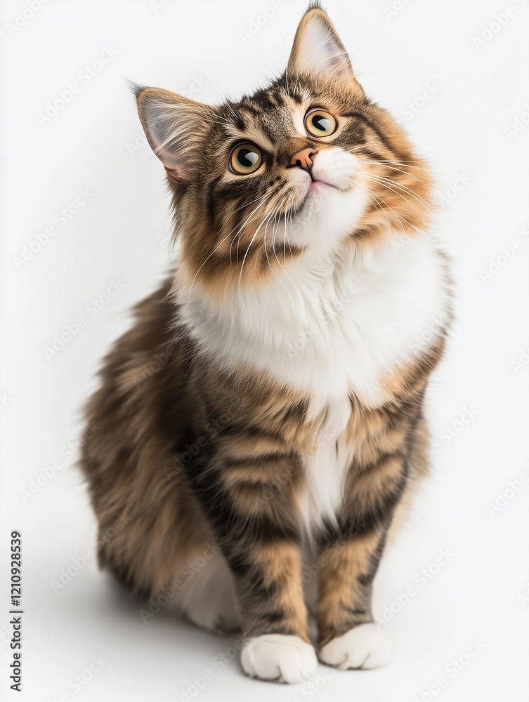 Obraz premium portrait of a fluffy cat looking up with curiosity on a white background