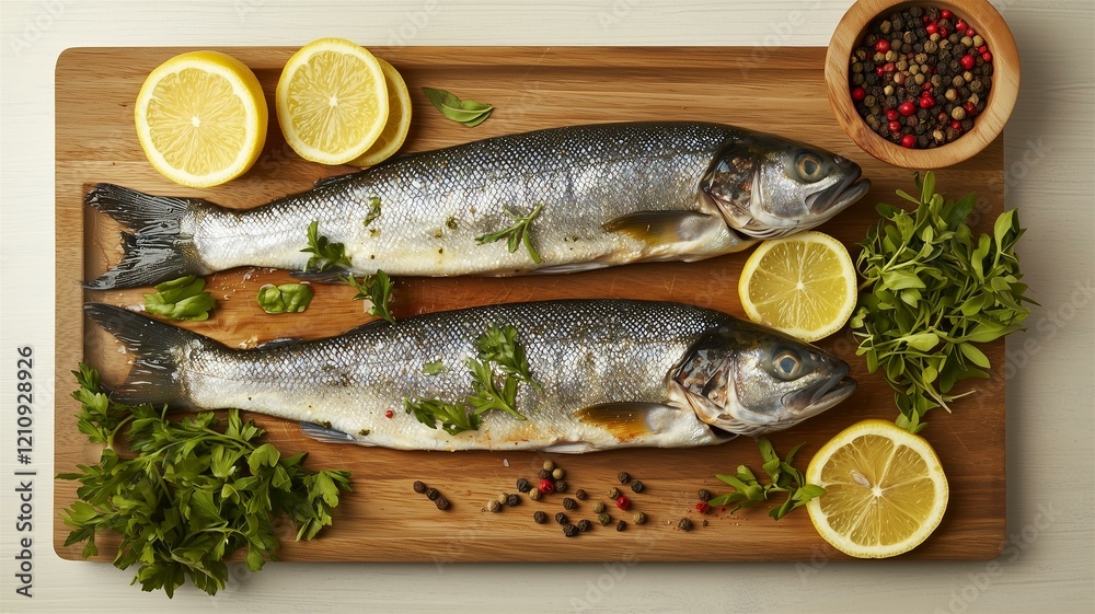 Fresh fish fillet with lemon slices, herbs, and spices on a wooden cutting board in a modern kitchen
Fresh fish fillet with lemon slices, herbs, and spices on a wooden cutting board in a modern kitchen