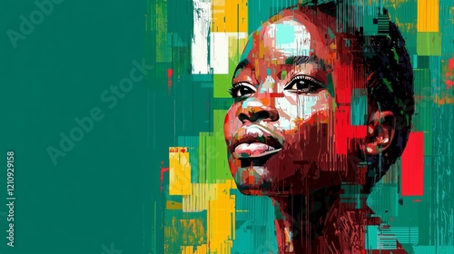 African young woman glitch art green red white yellow red brown