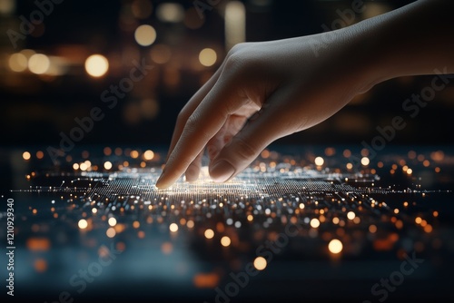 Digital interaction with a glowing touchscreen in a dark environment showcasing modern technology