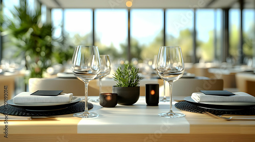 Elegant Restaurant Table Setting with Modern Design and Sunlit Ambiance