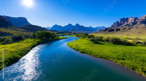 Serene River Landscape in a Mountain Valley under Bright Sunlight