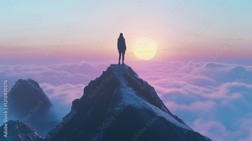 Silhouette on a Mountain Peak at Sunrise. Representing Achievement, Goals, and Future Vision
Silhouette on a Mountain Peak at Sunrise. Representing Achievement, Goals, and Future Vision