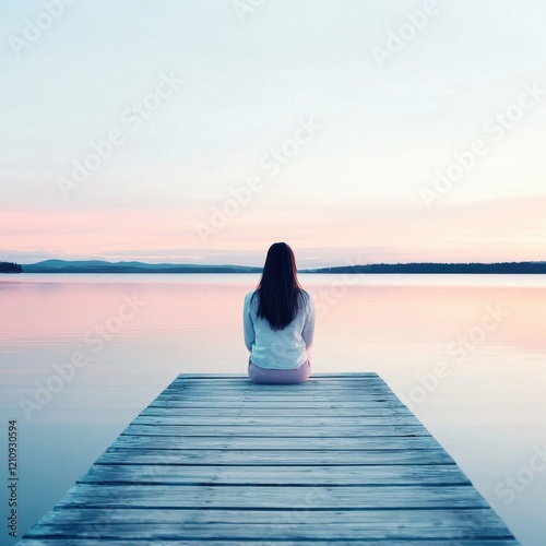 Serene woman sitting on a wooden dock, gazing at the water under soft light