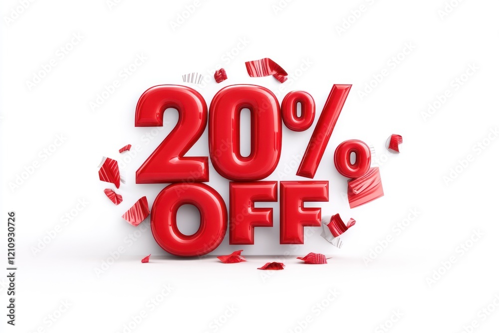 3D Red 20% Off Sale Sign, Confetti Background, Discount Announcement. 3D Red 20% Off Sale Sign, Confetti Background, Discount Announcement.
