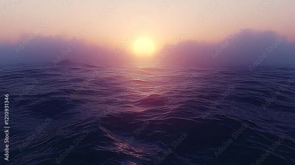 Obraz premium Serene Sunset Over Misty Ocean Waves