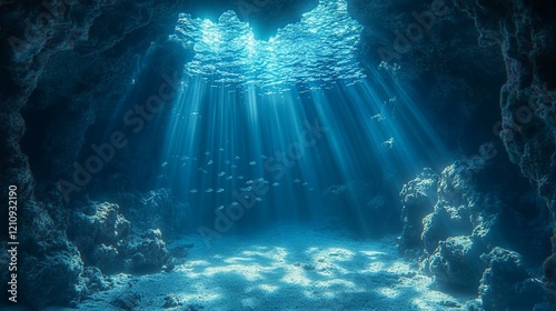 An underwater cave with a glowing entrance, casting rays of light that dance on the rocky walls, and schools of fish swimming nearby. 26