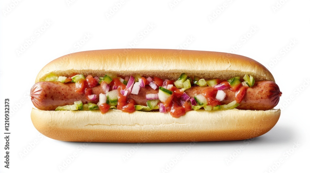 A perfectly cooked hot dog with a toasted bun, juicy sausage, and classic condiments A perfectly cooked hot dog with a toasted bun, juicy sausage, and classic condiments