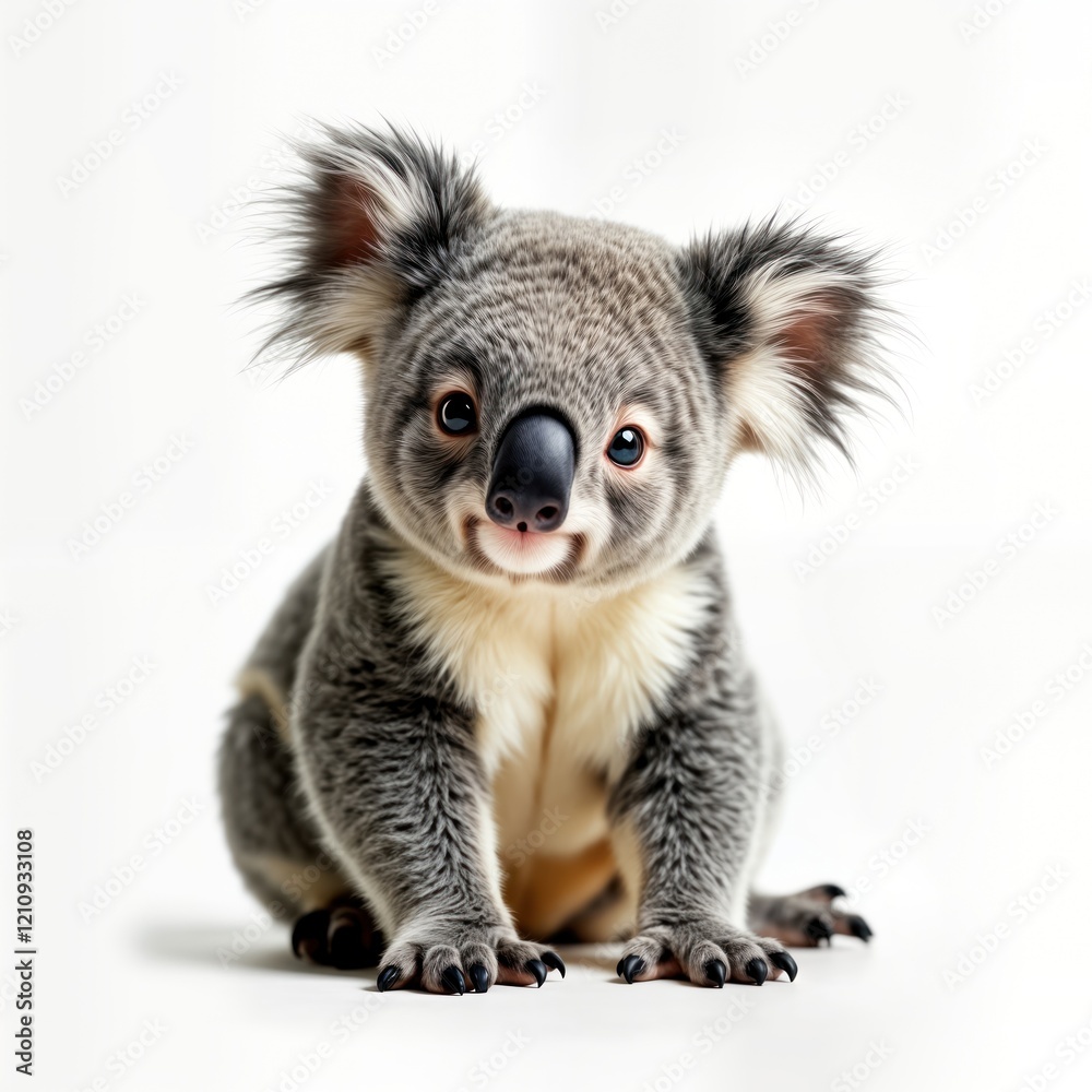 Fototapeta premium Adorable koala sits on white background. Cute animal looks directly at camera. Fluffy fur shows details. Wildlife portrait. Perfect for nature lovers. Koala isolated, displayed beautifully. Wildlife,