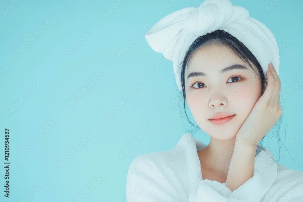Pretty young Asian woman wiping hair on light blue background with space for text. Pretty young Asian woman wiping hair on light blue background with space for text.