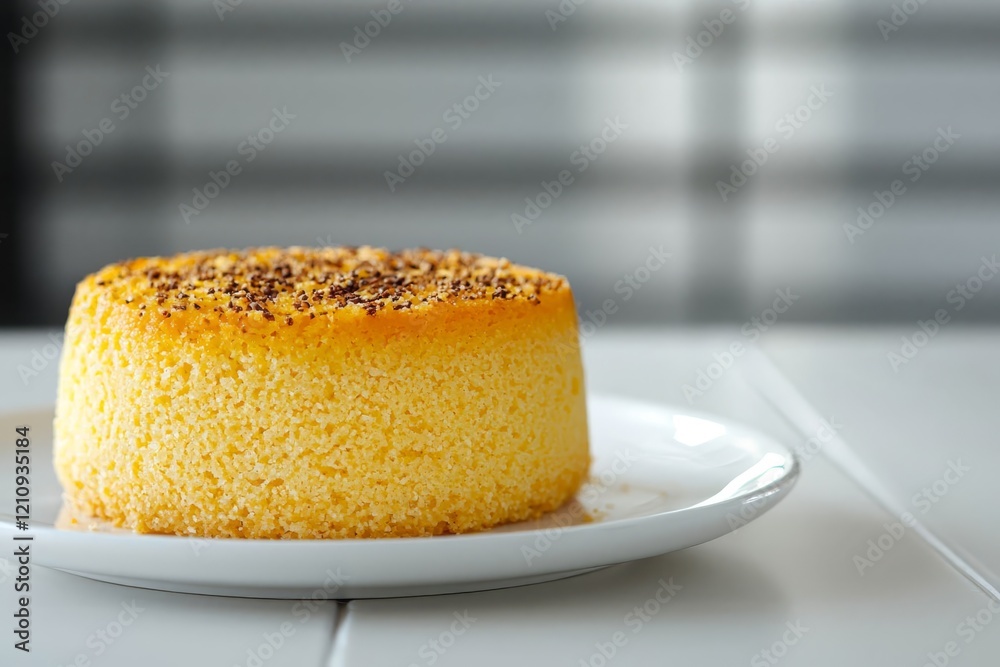 Tasty semolina cake served on white tiled table, closeup. Space for text. Tasty semolina cake served on white tiled table, closeup. Space for text.