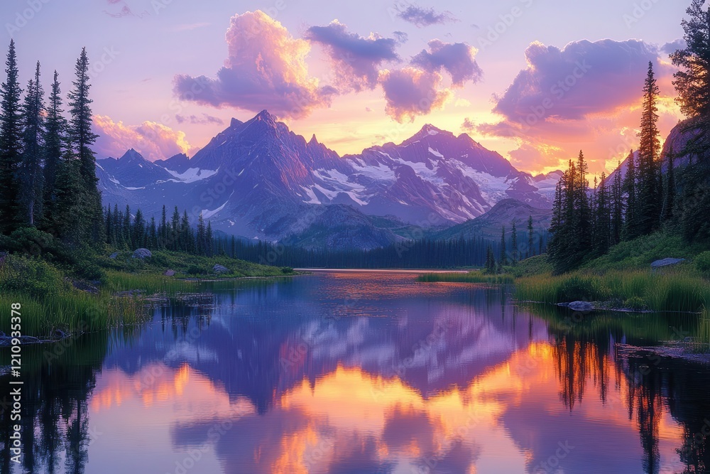 enchanted mountain lake at twilight perfect mirror reflection of jagged peaks purple and orange sunset clouds paint the sky ancient pines frame the scene enchanted mountain lake at twilight perfect mirror reflection of jagged peaks purple and orange sunset clouds paint the sky ancient pines frame the scene