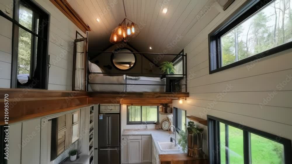 Modern tiny home interior with loft and large windows in wooded setting