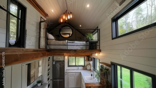 Modern tiny home interior with loft and large windows in wooded setting
