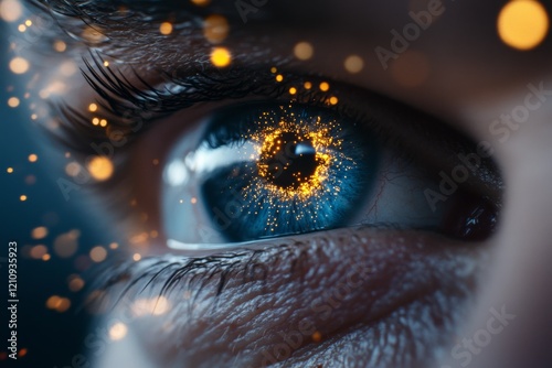 Close-up of a futuristic human eye with vibrant blue iris and sparkling golden particles floating around it photo