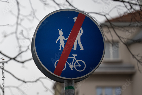 Blue road sign pedestrians and bicycles prohibited photo