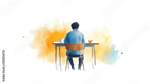 person sitting at table, enjoying peaceful moment with cup of coffee, surrounded by soft watercolor hues