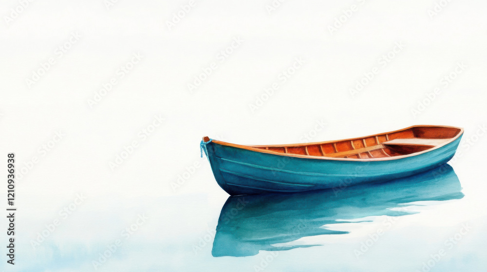 serene blue boat floats gently on calm water, reflecting its beauty serene blue boat floats gently on calm water, reflecting its beauty