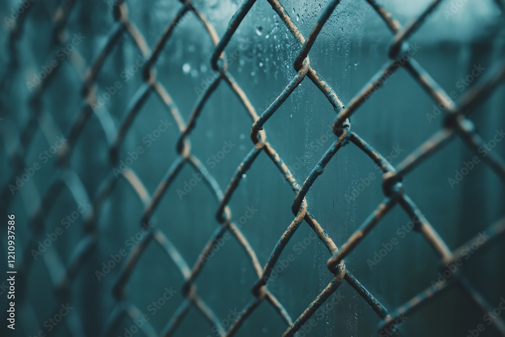 Fototapeta premium Close-Up of a Rainy Chain-Link Fence