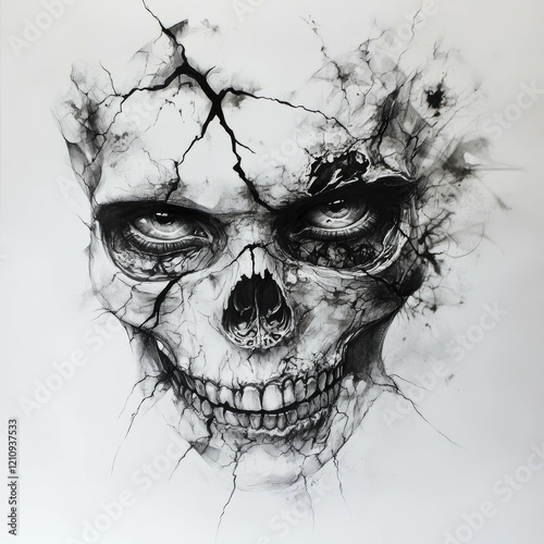 A drawing of the face and eyes in a skull with cracks on white paper, ink illustration, dark black and light grey tones