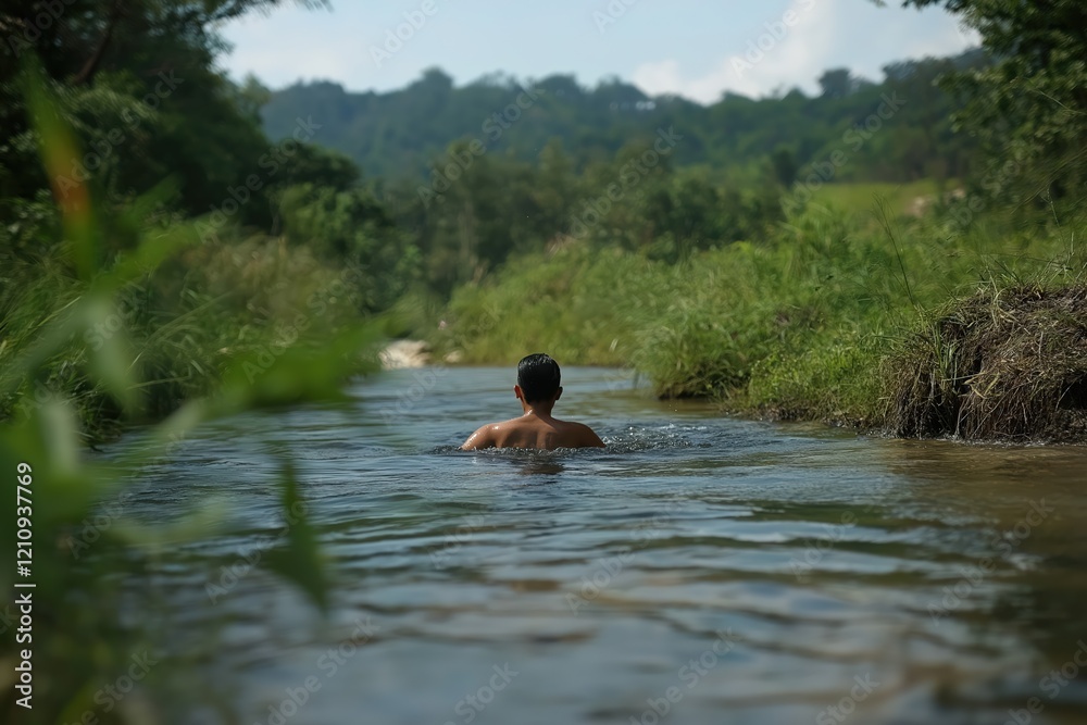Person Swimming in a Serene River Landscape Person Swimming in a Serene River Landscape