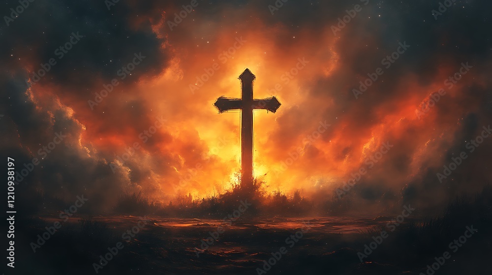 Fiery Inferno Cross Silhouette Against Night Sky Fiery Inferno Cross Silhouette Against Night Sky