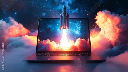 A rocket launching from a laptop, symbolizing innovation and exploration.