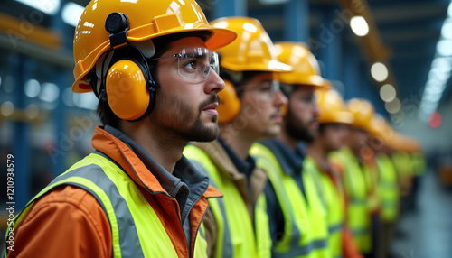 Workers in factory wear safety gear. Men in bright orange safety vests, yellow hard hats stand in row. Use sound barriers, earmuffs for noise control. Noise level monitoring equipment visible. photo