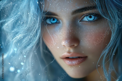 ethereal 3d portrait of a celestial maiden with iridescent skin flowing silver hair cosmic elements starlight highlights hyperrealistic details volumetric lighting photo