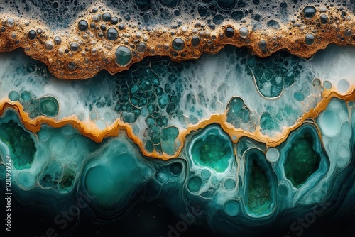 ethereal abstract fluid art with copper and turquoise streams merging like aerial landscape photography organic patterns in pearl metallic finish photo