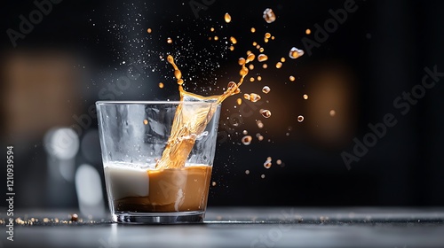 Coffee splash, latte art, dark background, kitchen setting, beverage advertisement photo