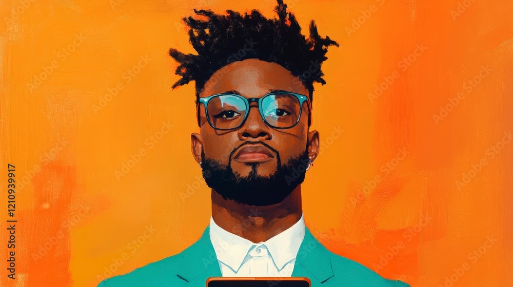 Confident Young Man in Suit Holding Phone with Vibrant Orange Background Confident Young Man in Suit Holding Phone with Vibrant Orange Background
