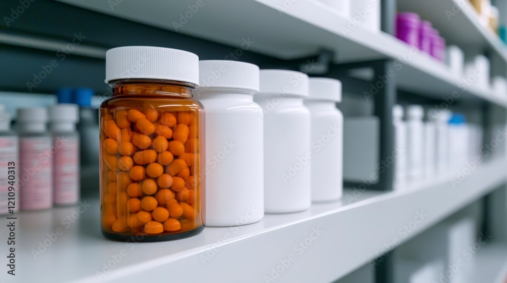 Glass jar with orange capsules on pharmacy shelf surrounded by white bottles