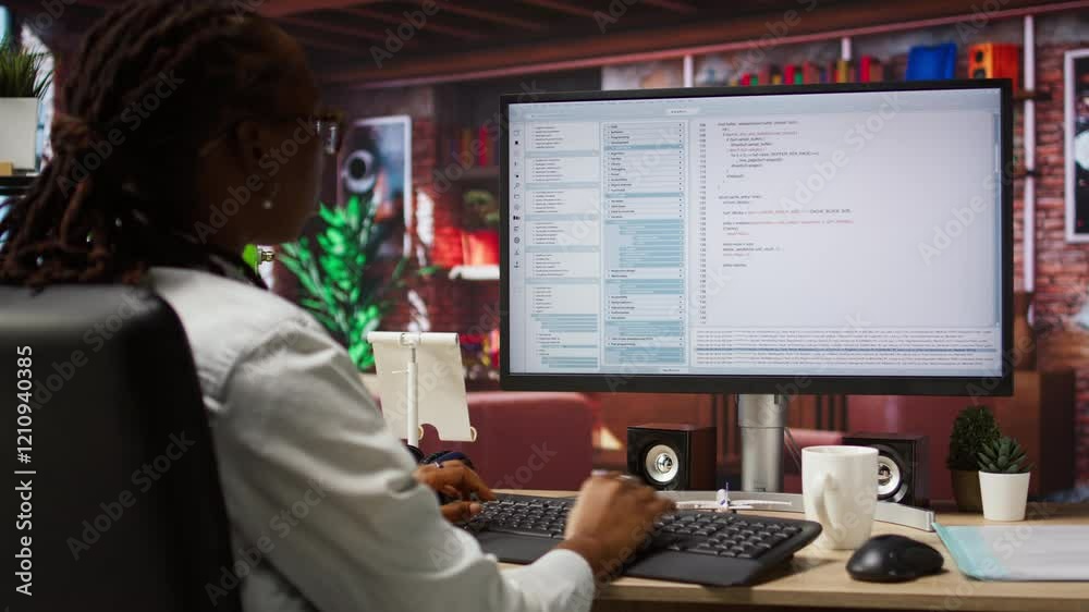 Programmer at computer desk coding, creating software, implementing algorithms. African american IT specialist in home office working with code editor, building applications, camera A