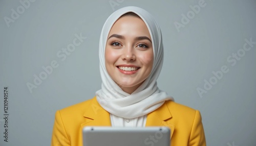 Confident Muslim Businesswoman in Yellow  Suit Holding Notebook with Warm Smile photo