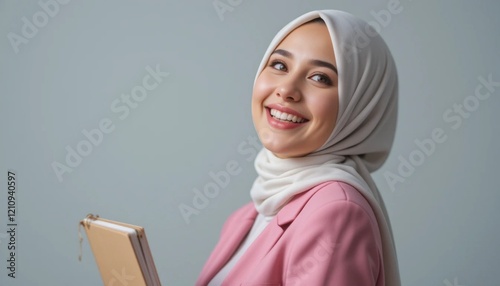 Confident Muslim Businesswoman in Pink Suit Holding Notebook with Warm Smile photo