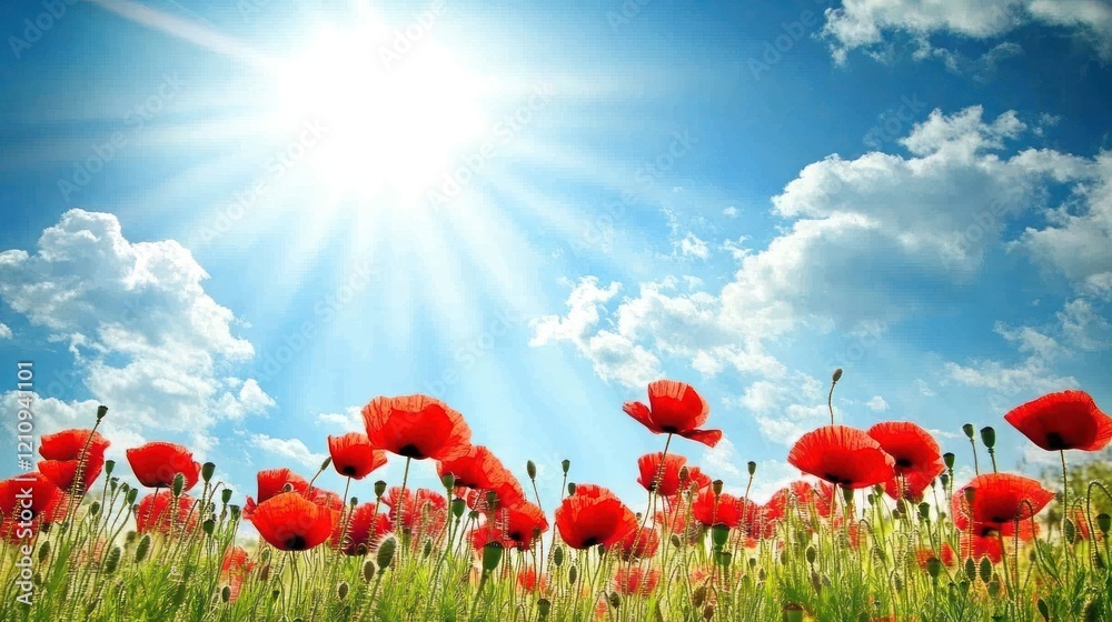 Obraz premium Radiant Poppies Under a Summer Sky: A breathtaking view of a vibrant poppy field bathed in sunlight, showcasing the beauty of nature.