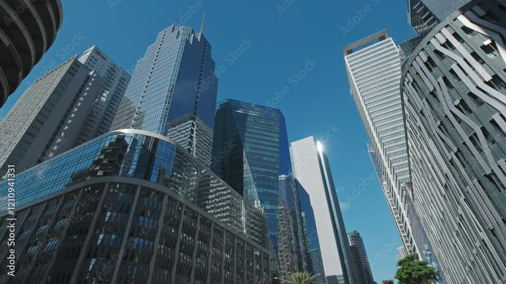 Skyscrapers soar against a bright blue sky in an urban cityscape, Manila, Philippines, tilt view 4k Skyscrapers soar against a bright blue sky in an urban cityscape, Manila, Philippines, tilt view 4k