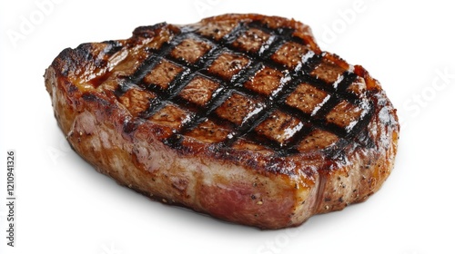 A perfectly cooked steak with grill marks and a juicy, tender interior, Its savory texture and mouthwatering appearance captured in exquisite detail