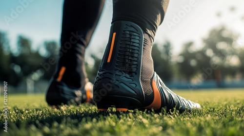 The texture of a soccer player's shin guards, outdoor setting with soccer field backdrop, Gritty style photo