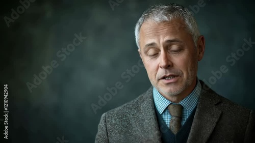 Mature man expressing thoughtful dialogue against textured background