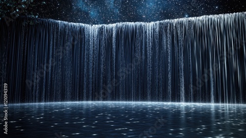Night Waterfall Cascading into Pool Under Starry Sky