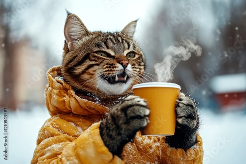 Sidesplitting pets. Veterinary care. Happy cute adult cat toyger in winter warm clothes, holding steaming cup with rising steam in paws. Cozy cat bed. Winter pet clothes. Kitten warm nest. photo