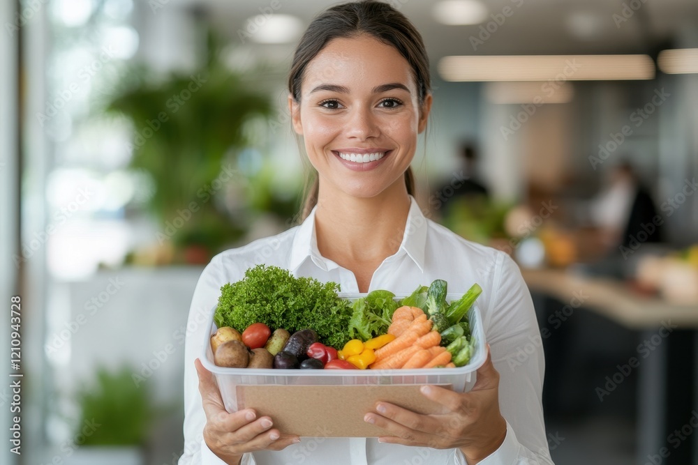 Professional Woman Smiling While Holding Fresh Takeout Container Professional Woman Smiling While Holding Fresh Takeout Container